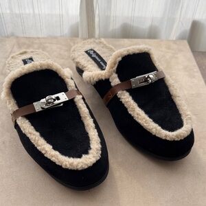 Black and Cream Fur-Lined Mules
